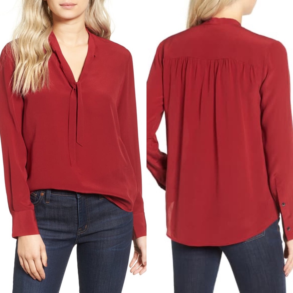 Madewell Tie-Neck Silk Blouse in Bright Garnet
